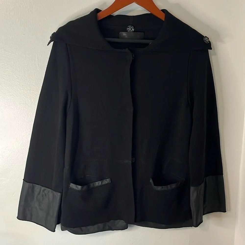 Annette Gortz Black 100% Merino Wool Snap Button Up‎ Blazer Jacket Sz M